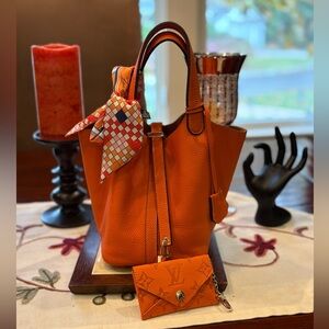 Orange Designer Inspired bag with Scarf and Keychain